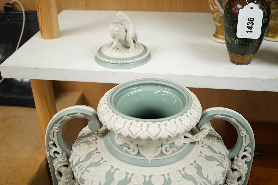 A large late 19th green jasperware two-handle vase and cover by J. Ridge, 58cm